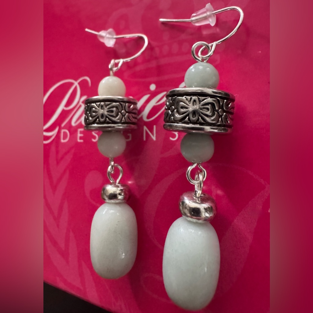 Premier Designs Amazonite Gem Stone Earrings Silver Tone New In Box 20$